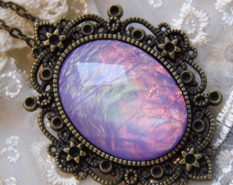 lavender Purple Moonstone FIre Opal OOAK Victorian princess Fantasy glass art Mythical Necklace Altered Art