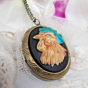 Blue Eyed Rooster Cameo Western Farm Girl  Keepsake Locket Necklace Pendant Pill Box