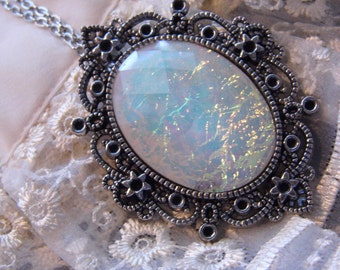 Rainbow White Moonstone FIre Opal OOAK Victorian princess Fantasy glass art Mythical Necklace Altered Art