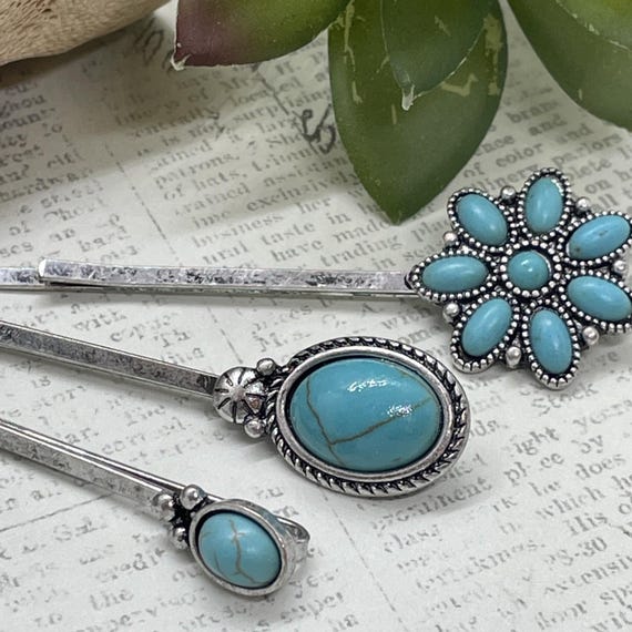 SET 3 Silver Southwest Western Hair Pins Clips Turquoise  display picture 3