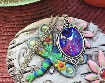 Large Mexican Fire Opal Dragons Breath Silver Victorian  Necklace Great Christmas gift