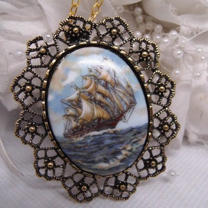 Pirate Ship  Nautical Porcelain Silver or gold Pendant Antique white Brooch Vintage Style