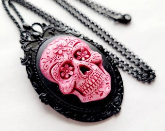 Mauve Red Black Sugar Skull Day of the Dead Gothic Rockabilly Cameo Brooch Necklace Pendant Victorian Jewelry