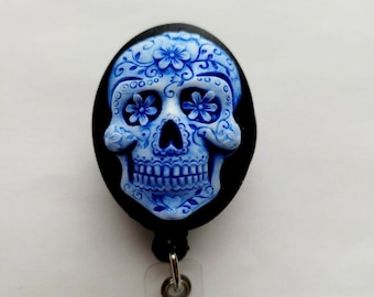 Royal Blue Sugar Skull Day of the Dead Goth Rockabilly Badge Reel retractable ID Card Key cameo