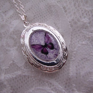 Purple Lavender Butterfly Sweet Petite Locket Silver Gold Necklace w/chain
