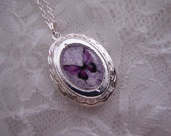 Purple Lavender Butterfly Sweet Petite Locket Silver Gold Necklace w/chain