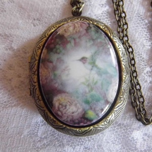 Rose Hummingbird Love Porcelain Cameo Locket Necklace Antique Gold Pill