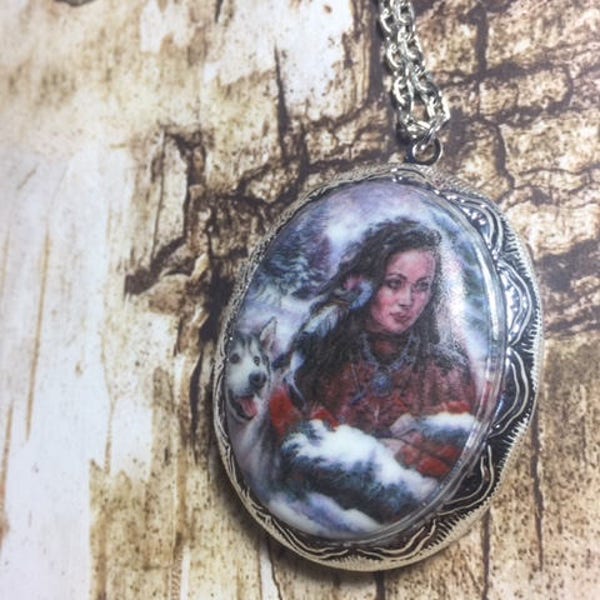 Native Tribal Maiden Wolf Porcelain Cameo Locket Necklace