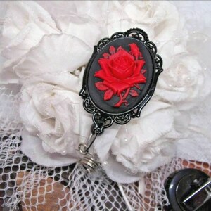 Red Rose Cameo   Silver Badge reel retractable ID Holder Glasses Key Card Teacher Doctor Nurse