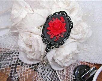 Red Rose Cameo   Silver Badge reel retractable ID Holder Glasses Key Card Teacher Doctor Nurse