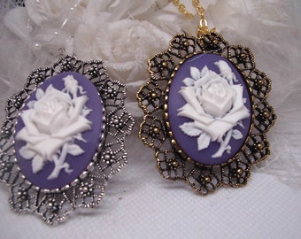 Shabby Chic Purple Lavender White Silver or gold Pendant Rose Antique white Brooch Vintage Style