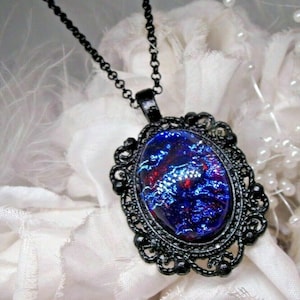 Victorian Dragons Breath Mexican Fire Opal Large Necklace Pendant Black setting chain Gothic