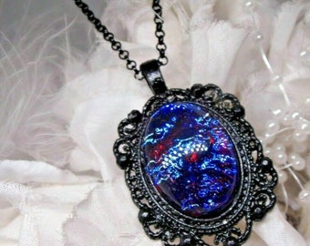 Victorian Dragons Breath Mexican Fire Opal Large Necklace Pendant Black setting chain Gothic