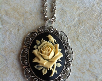 Black & Antique White Flower Girl Rose Cameo Necklace Pendant Vintage Victorian Style Cameo Scarf Purse Charm