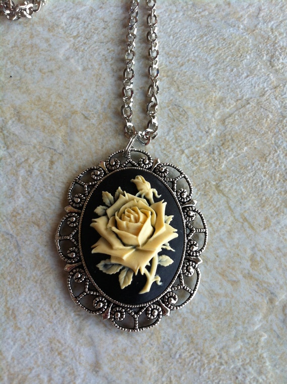 Black Antique White Flower Girl Rose Cameo Necklace Pendant