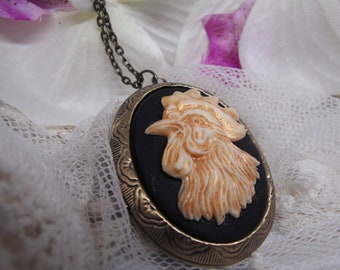 Antiqued  Rooster Cameo Western Farm Girl  Keepsake Locket Necklace Pendant Pill Box