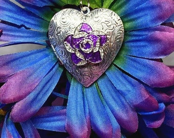 Heart Silver Engraved Purple Clear Crystal Flower Large Locket Necklace Photos