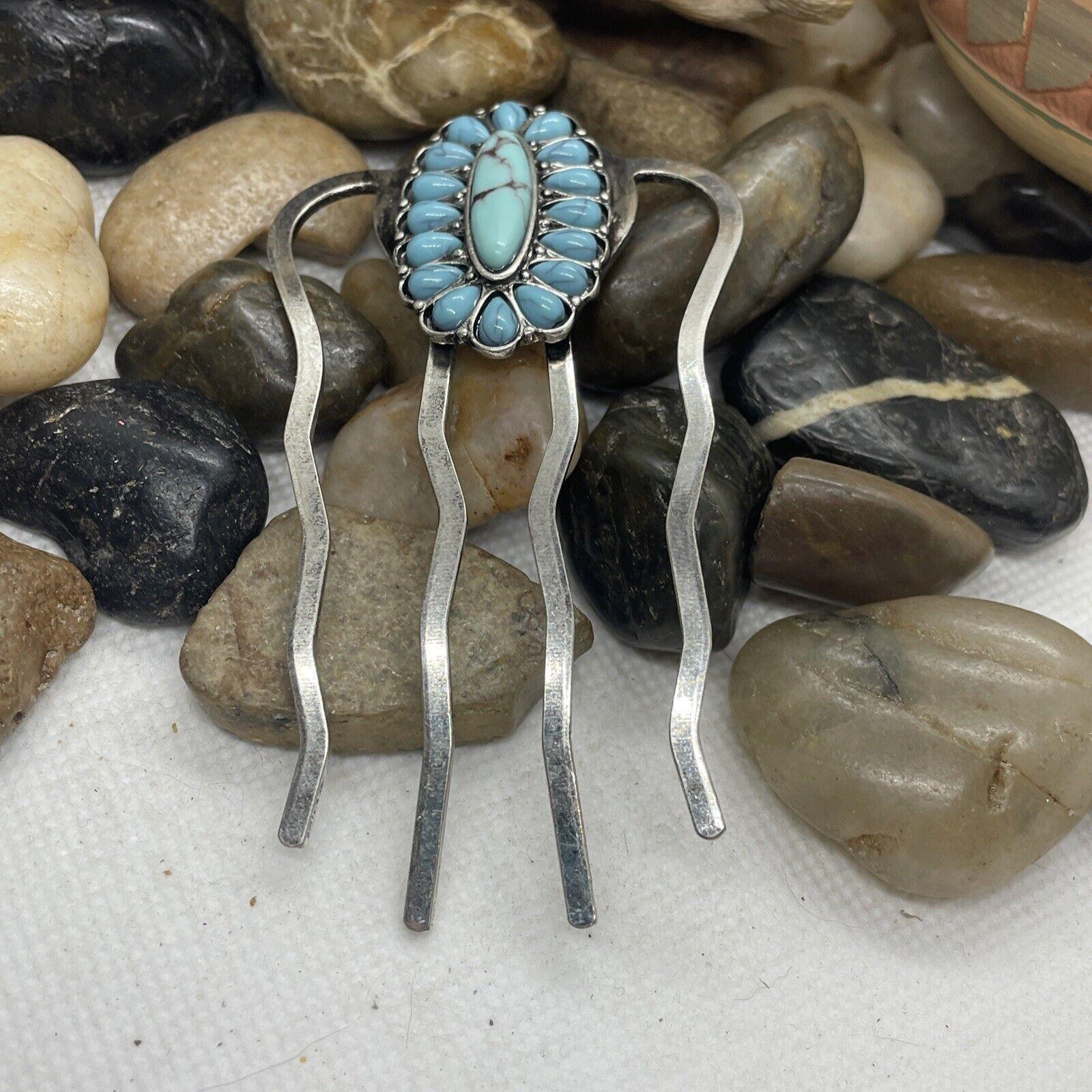WESTERN Blue TURQUOISE Hair Pin Clip Silver Southwest Comb 