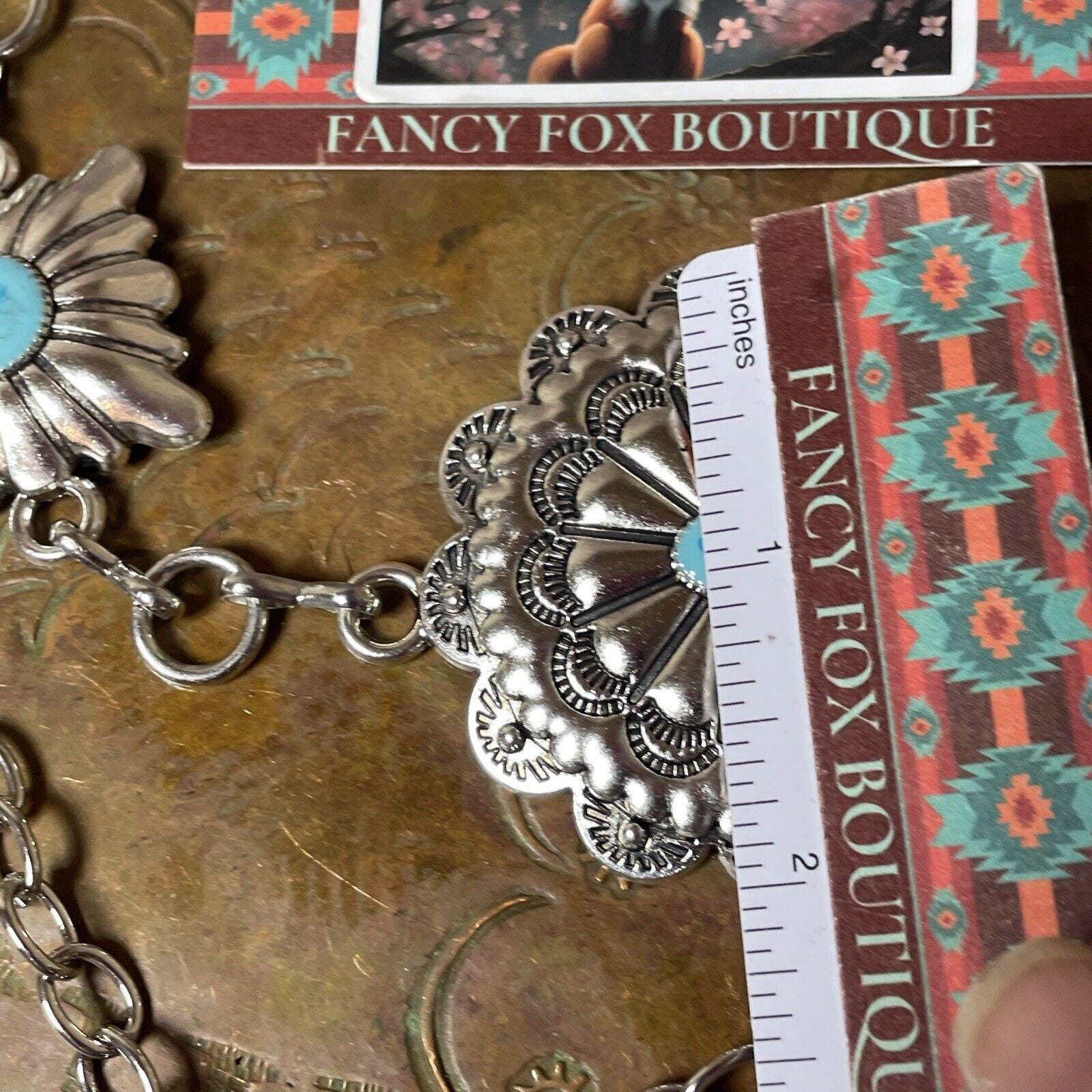 Silver Chain Starburst Belt Turquoise Medallion Western Boho Southwestern Rodeo Silver Concho Chain Belt: Turquoise Agate Stone, NFR  main image 3