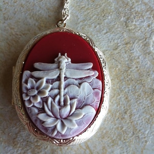 Dragon Fly Locket Red & Ant White Georgian Victorian Cameo Ladies Silver Filegre art designer Necklace Pendant