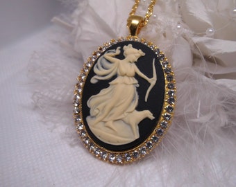 GOLD Artemis  Aphrodite Renaissance Greek Goddess God Chariot Horse Cameo Necklace Pendant Vintage Victorian Style Cameo Scarf Purse Charm