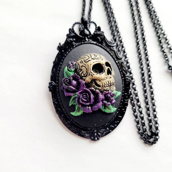 Black Purple Rose Metallic Sugar Skull Day of the Dead Gothic Rockabilly Cameo Brooch Necklace Pendant Victorian Jewelry