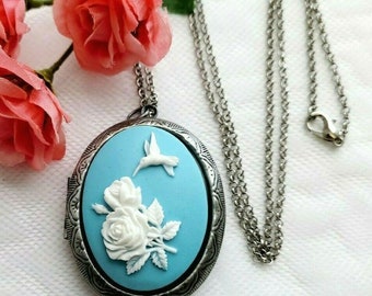 Blue Hummingbird Rose Flower Antique Silver Gunmetal Locket Cameo Necklace Pendant Victorian Jewelry
