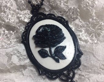 Black White Rose Flower Goth Steampunk Rockabilly Necklace Pendant Cameo