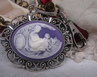 PURPLE  Family Mom Child Mother Cameo Badge Holder Keyring Key Chain  Key Finder Charm