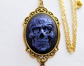 Blue Iridescent Sugar Skull Gothic Rockabilly Cameo Antique Gold Necklace Pendant Victorian Jewelry