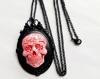 Metallic Red Sugar Skull Day of the Dead Gothic Rockabilly Cameo Brooch Necklace Pendant Victorian Jewelry