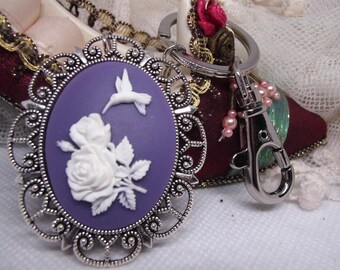 PURPLE  Hummingbird Cameo Badge Holder Keyring Key Chain  Key Finder Charm