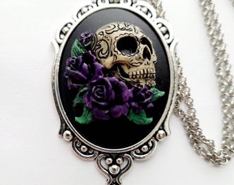 Skull Purple Rose Gothic Rockabilly Cameo Necklace Pendant Victorian Jewelry