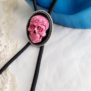Mauve Pink Sugar Skull Silver Tip Black Western Southwest Bolo Tie Necklace Pendant neck