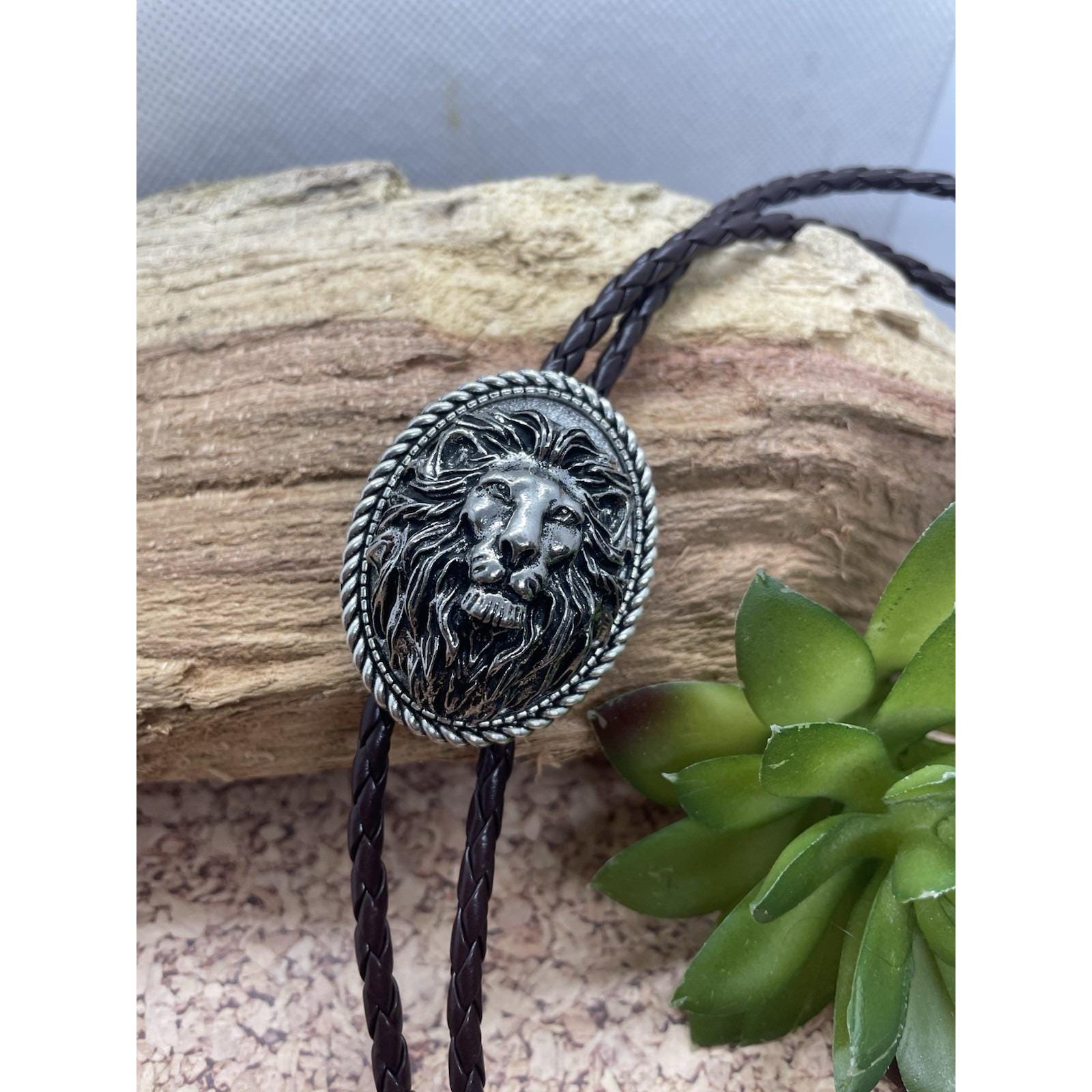Silver Lion King Jungle Western Leather Bolo Tie Lariat Necklace Wedding Gift