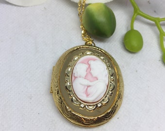 Victorian locket Pink and White Cameo Locket Mother and child