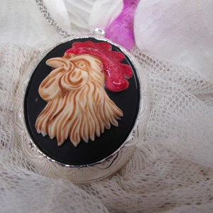 RED   Rooster Cameo Western Farm Girl  Keepsake Locket Necklace Pendant Pill Box