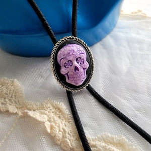 Purple Metallic Sugar Skull Silver Tip Black Western Southwest Bolo Tie Necklace Pendant neck