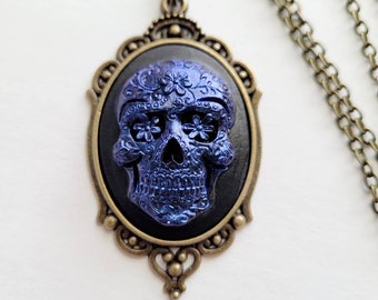 Blue Iridescent Sugar Skull Gothic Rockabilly Cameo Antique Bronze Necklace Pendant Victorian Jewelry