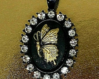 Antiqued Butterfly Rhinestone Goth Black Enamel Plated Necklace Pendant Victorian Wedding Jewelry Steampunk Cameo