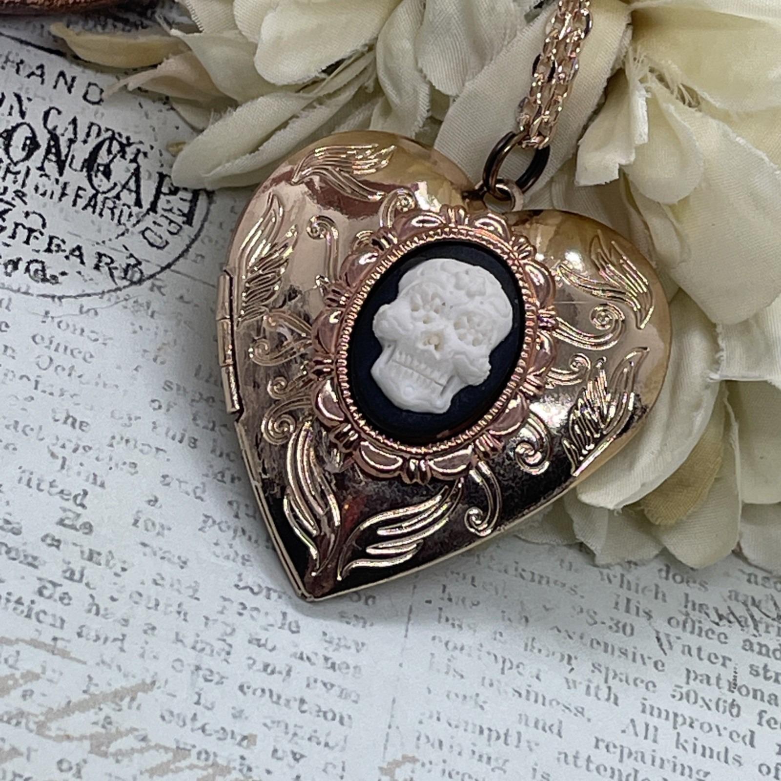 Sugar Skull Gothic Demon Mom Wife Christmas Rose Gold Heart Locket