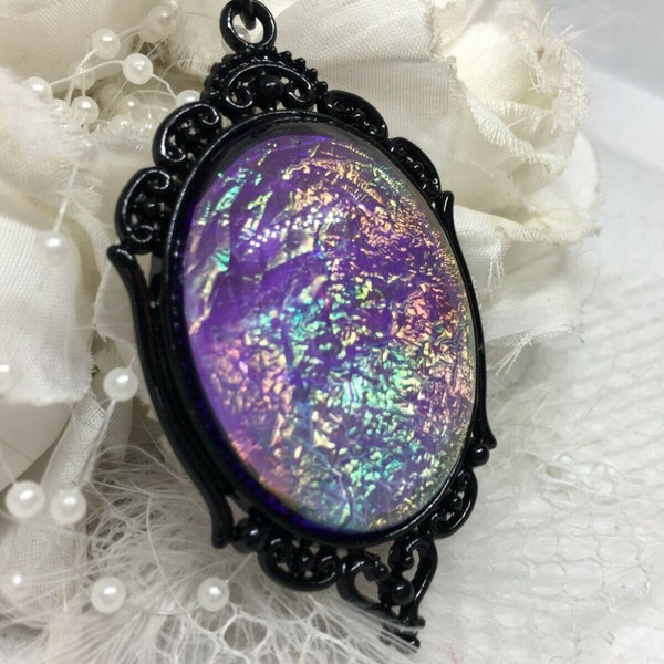 Fortune teller Purple Opal Aurora Borealis Cameo 30x40 mm Victorian Jewelry Black Enamel Necklace Pendant 24 inch chain