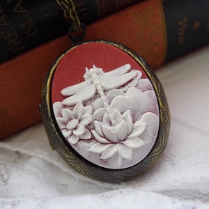 Antique Gold Dragon Fly Locket Red & Ant White Georgian Victorian Cameo Ladies Silver Filegre art designer Necklace Pendant