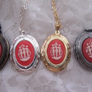 Sweet Petite Locket Silver Gold victorian Muses dancing Cornelian Necklace w/chain