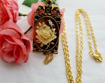 Orange Ombre Rose Renaissance Goth Victorian Gold Antique Necklace CAMEO Empress