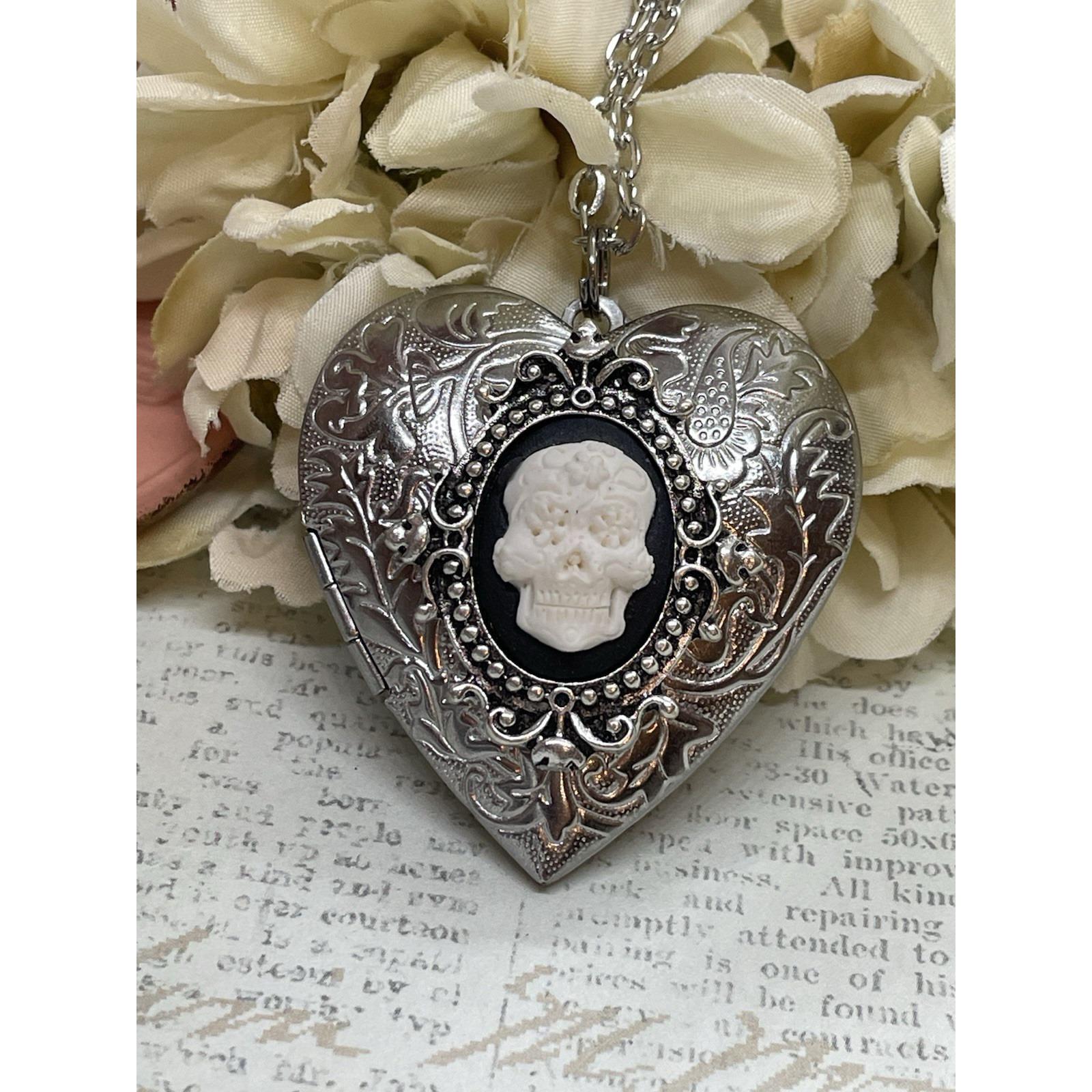 Heart Silver Locket Sugar Skull Cameo Rose Gothic Necklace Photo 