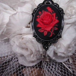 Rockabilly Goth Black red  Rose Cameo Silver Badge reel retractable ID Holder Glasses Key Card Teacher Doctor Nurse