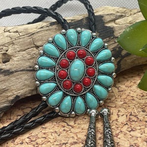 Western Cluster Turquoise blue  Red TURQUOISE UNISEX Silver Black Bolo Tie Southwest SAME day shipping in time for Xmas