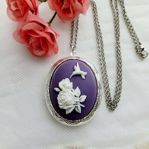 Viola colibrì rosa fiore argento lucido medaglione cammeo ciondolo collana gioielli vittoriani