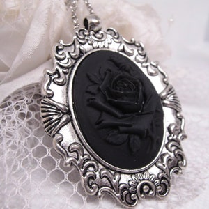 Black on Black Rose Cameo Necklace Pendant Gothic Victorian Mourning Jewelry